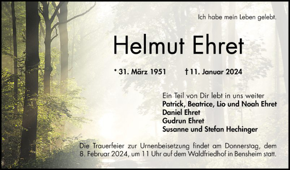  Traueranzeige für Helmut Ehret vom 03.02.2024 aus Bergsträßer Anzeiger