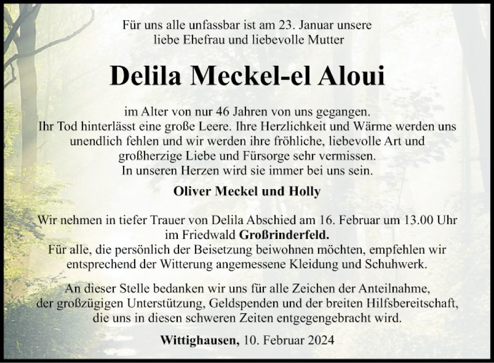  Traueranzeige für Delila Meckel-el Aloui vom 10.02.2024 aus Fränkische Nachrichten