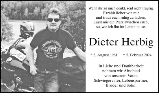 Traueranzeige von Dieter Herbig von Bergsträßer Anzeiger