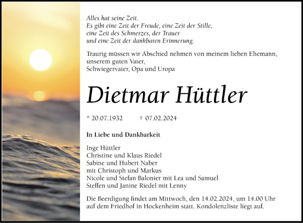  Traueranzeige für Dietmar Hüttler vom 10.02.2024 aus Schwetzinger Zeitung