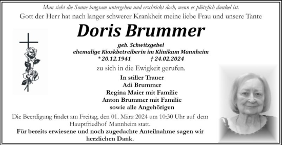 Traueranzeige von Doris Brummer von Mannheimer Morgen
