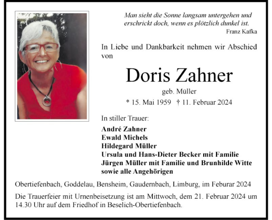 Traueranzeige von Doris Zahner von Bergsträßer Anzeiger