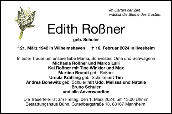 Traueranzeige von Edith Roßner von Mannheimer Morgen