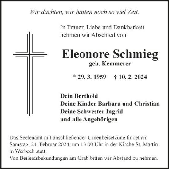 Traueranzeige von Eleonore Schmieg von Fränkische Nachrichten