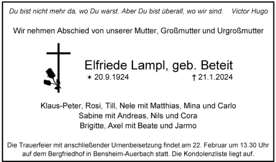 Traueranzeige von Elfriede Lampl von Bergsträßer Anzeiger