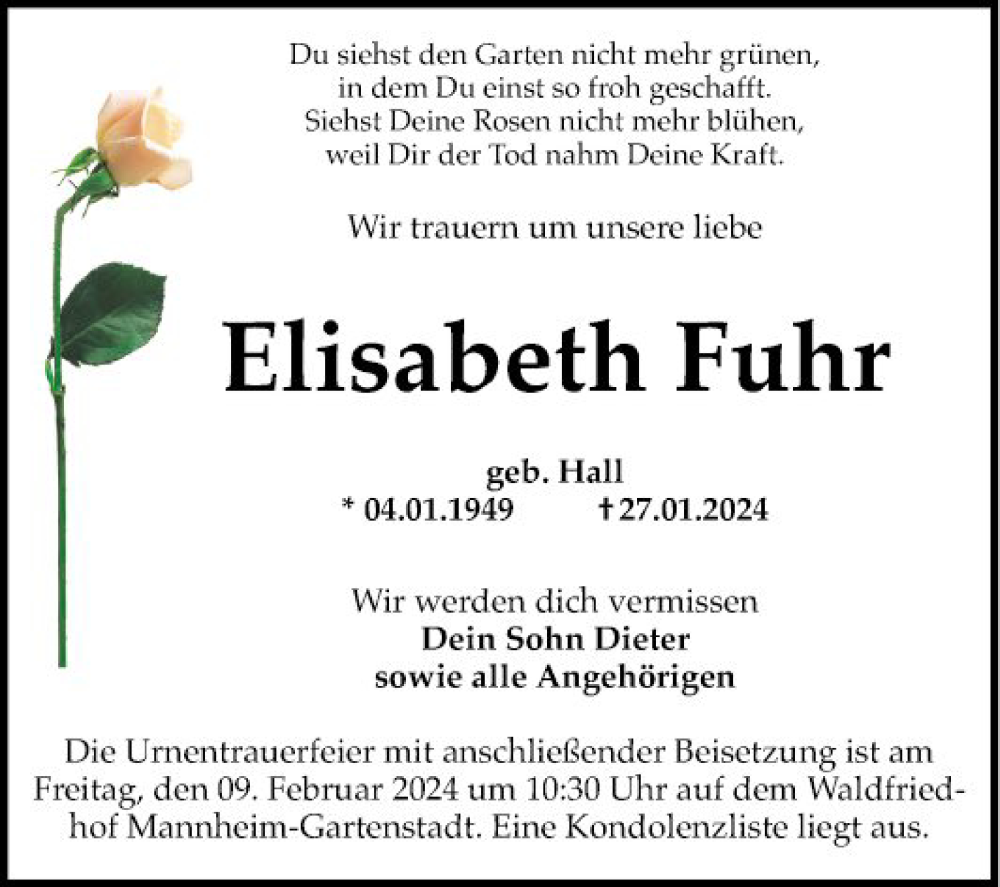  Traueranzeige für Elisabeth Fuhr vom 03.02.2024 aus Mannheimer Morgen
