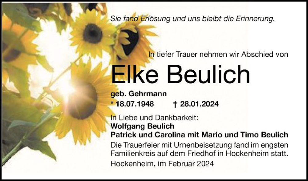  Traueranzeige für Elke Beulich vom 10.02.2024 aus Schwetzinger Zeitung
