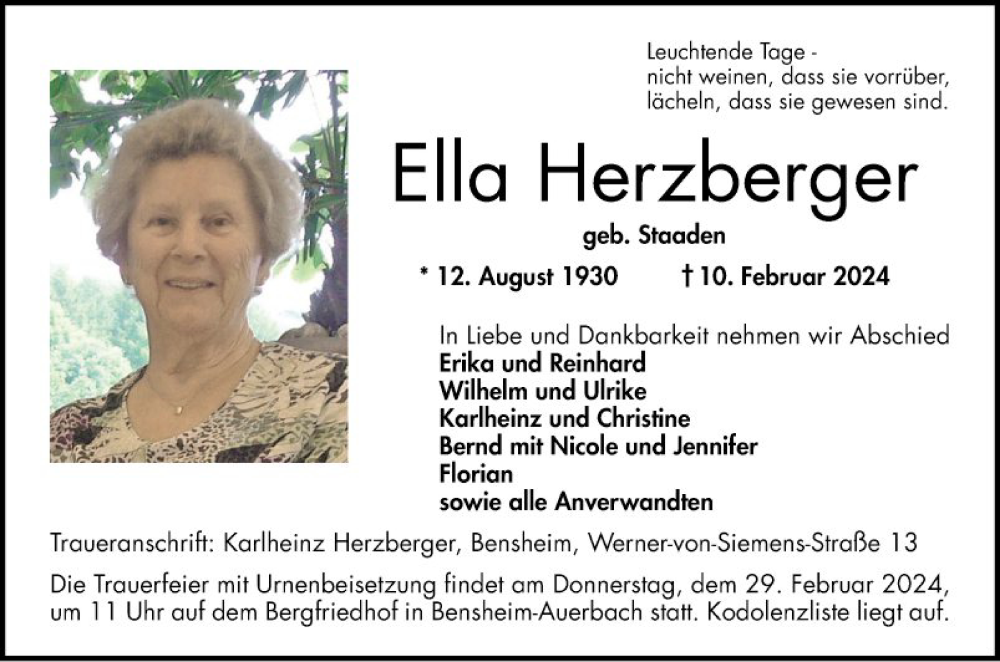  Traueranzeige für Ella Herzberger vom 24.02.2024 aus Bergsträßer Anzeiger