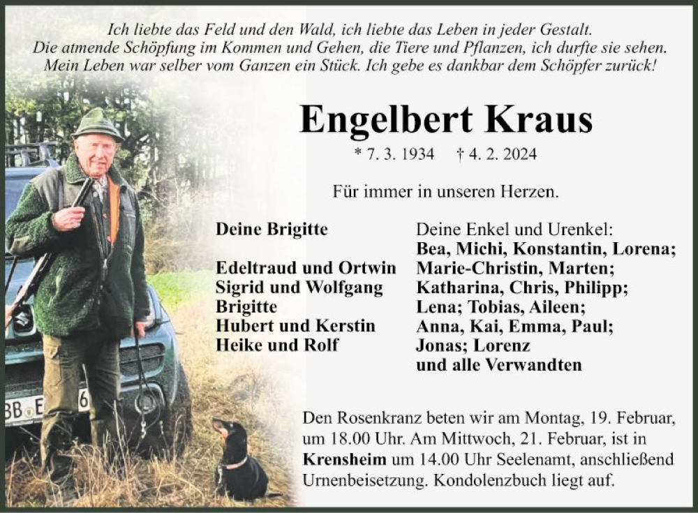  Traueranzeige für Engelbert Kraus vom 15.02.2024 aus Fränkische Nachrichten