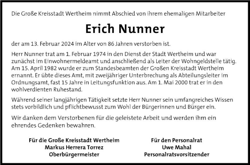  Traueranzeige für Erich Nunner vom 17.02.2024 aus Fränkische Nachrichten