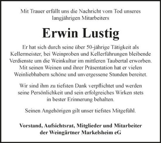 Traueranzeige von Erwin Lustig von Fränkische Nachrichten