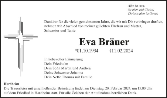 Traueranzeige von Eva Bräuer von Fränkische Nachrichten