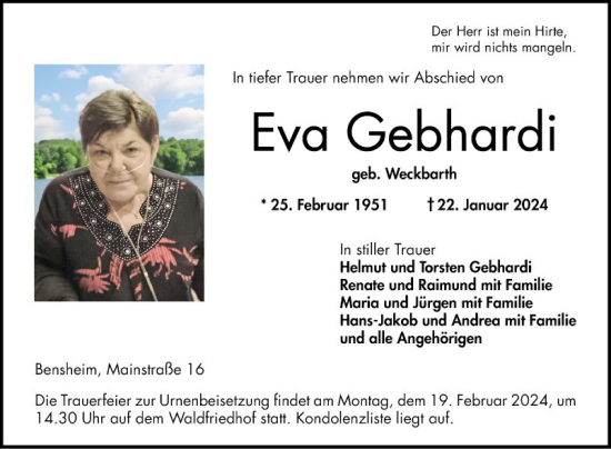 Traueranzeige von Eva Gebhardi von Bergsträßer Anzeiger