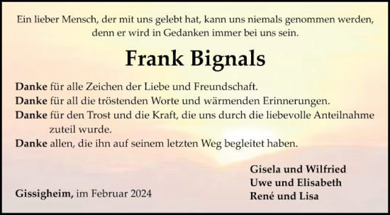 Traueranzeige von Frank Bignals von Fränkische Nachrichten