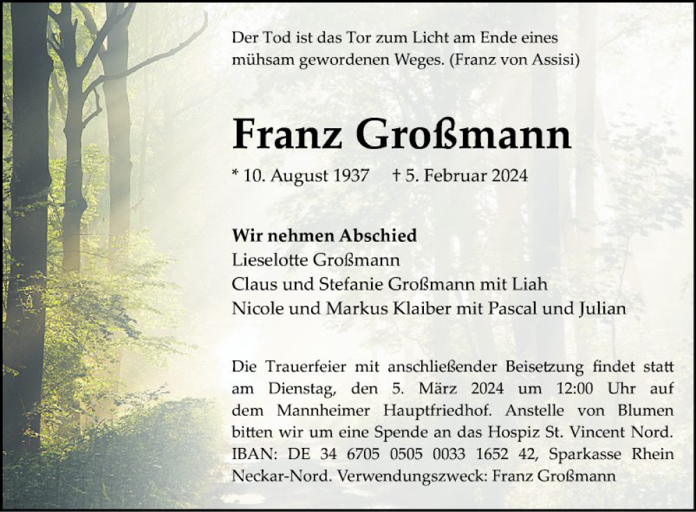  Traueranzeige für Franz Großmann vom 17.02.2024 aus Mannheimer Morgen