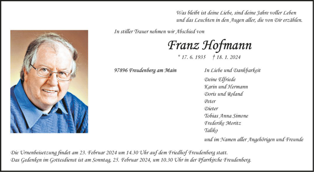  Traueranzeige für Franz Hofmann vom 17.02.2024 aus Fränkische Nachrichten