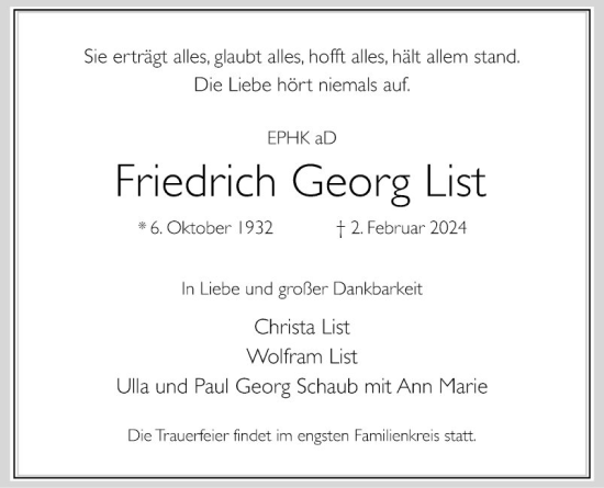 Traueranzeige von Friedrich Georg List von Bergsträßer Anzeiger