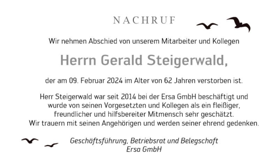 Traueranzeige von Gerald Steigerwald von Fränkische Nachrichten