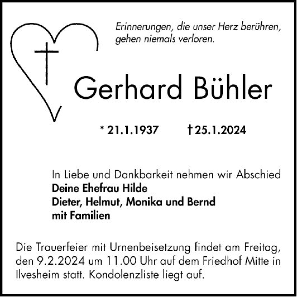  Traueranzeige für Gerhard Bühler vom 03.02.2024 aus Mannheimer Morgen