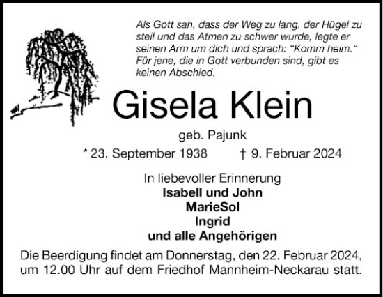 Traueranzeige von Gisela Klein von Mannheimer Morgen