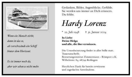 Traueranzeige von Hardy Lorenz von Schwetzinger Zeitung