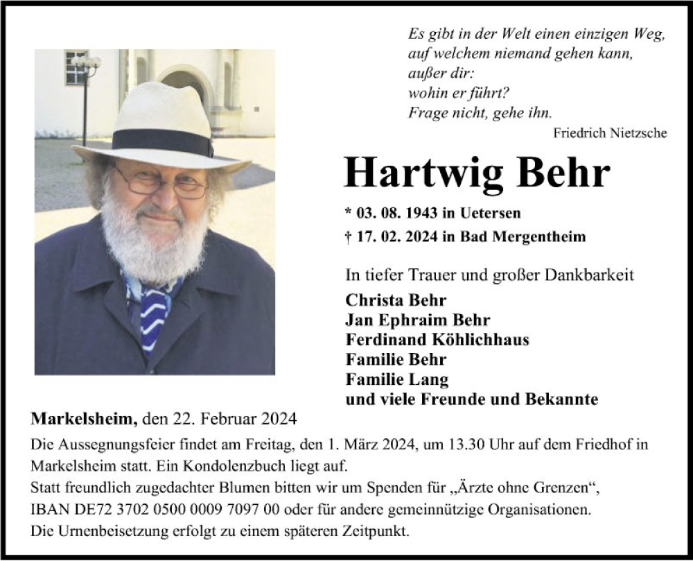 Traueranzeige für Hartwig Behr vom 22.02.2024 aus Fränkische Nachrichten