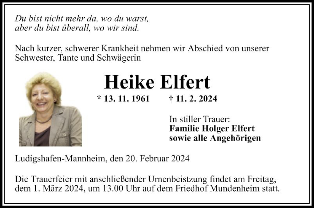  Traueranzeige für Heike Elfert vom 20.02.2024 aus Mannheimer Morgen