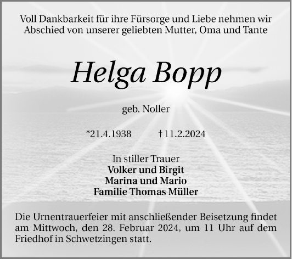  Traueranzeige für Helga Bopp vom 24.02.2024 aus Schwetzinger Zeitung