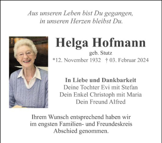 Traueranzeige von Helga Hofmann von Mannheimer Morgen