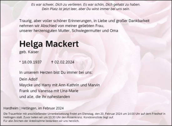 Traueranzeige von Helga Mackert von Fränkische Nachrichten