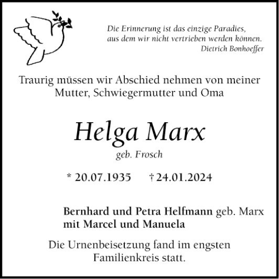 Traueranzeige von Helga Marx von Mannheimer Morgen