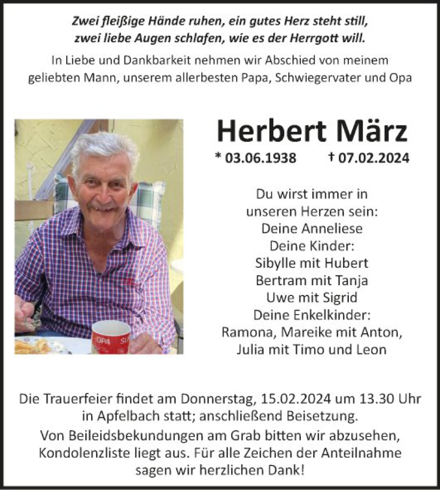  Traueranzeige für Herbert März vom 13.02.2024 aus Fränkische Nachrichten