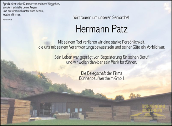 Traueranzeige von Hermann Patz von Fränkische Nachrichten