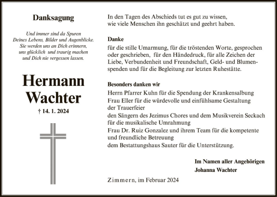 Traueranzeige von Hermann Wachter von Fränkische Nachrichten