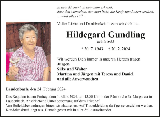 Traueranzeige von Hildegard Gundling von Fränkische Nachrichten