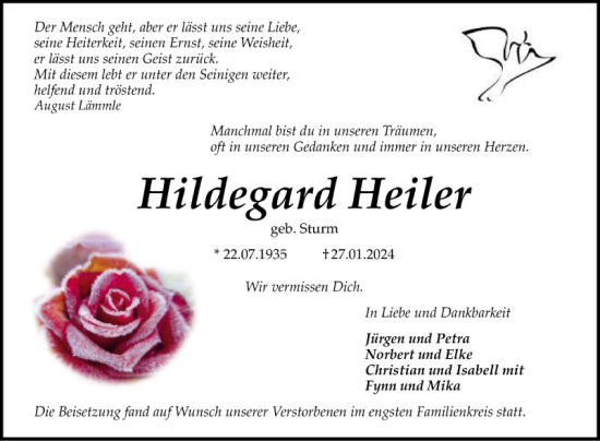 Traueranzeige von Hildegard Heiler von Schwetzinger Zeitung
