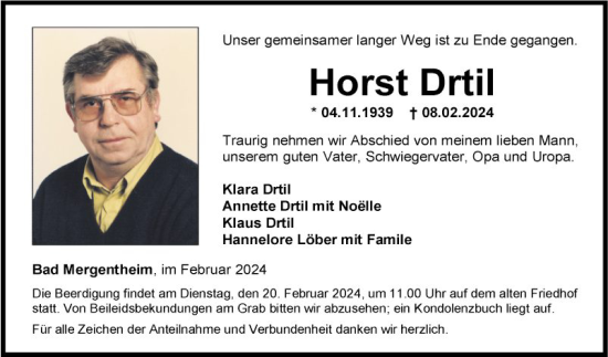 Traueranzeige von Horst Drtil von Fränkische Nachrichten