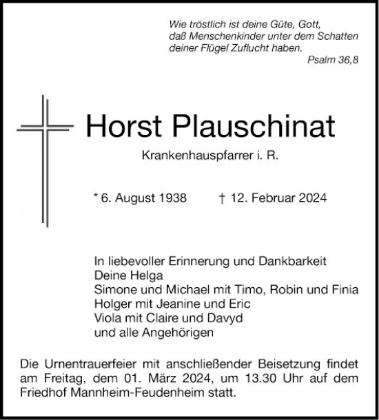 Traueranzeige von Horst Plauschinat von Mannheimer Morgen