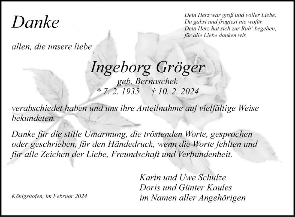  Traueranzeige für Ingeborg Gröger vom 29.02.2024 aus Fränkische Nachrichten