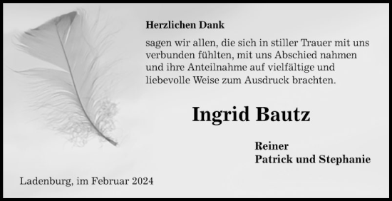 Traueranzeige von Ingrid Bautz von Mannheimer Morgen