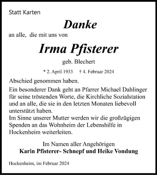 Traueranzeige von Irma Pfisterer von Schwetzinger Zeitung
