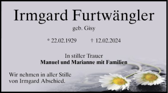 Traueranzeige von Irmgard Furtwängler von Mannheimer Morgen