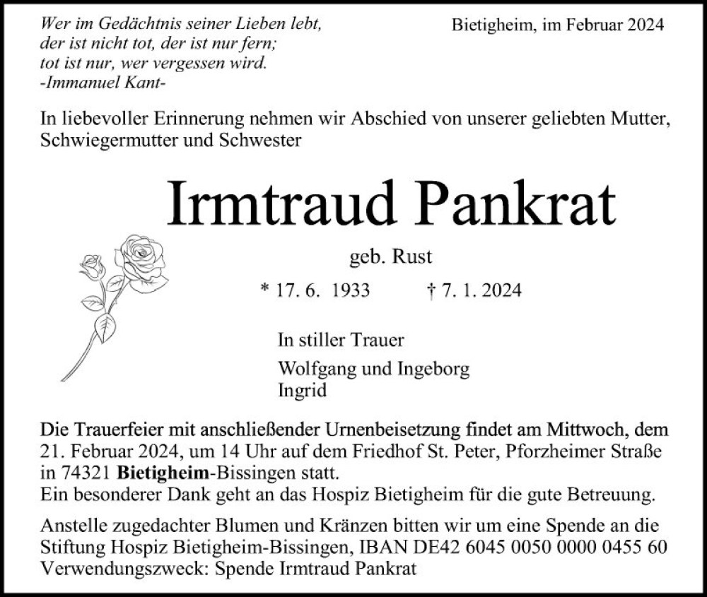  Traueranzeige für Irmtraud Dankrat vom 17.02.2024 aus Schwetzinger Zeitung