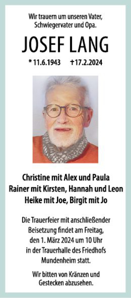 Traueranzeige von Josef Lang von Mannheimer Morgen