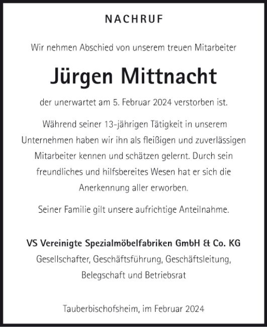 Traueranzeige von Jürgen Mittnacht von Fränkische Nachrichten