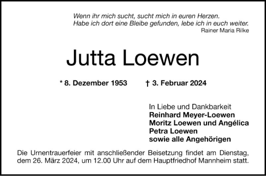 Traueranzeige von Jutta Loewen von Mannheimer Morgen