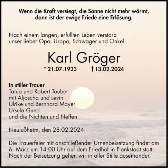Traueranzeige von Karl Gröger von Schwetzinger Zeitung