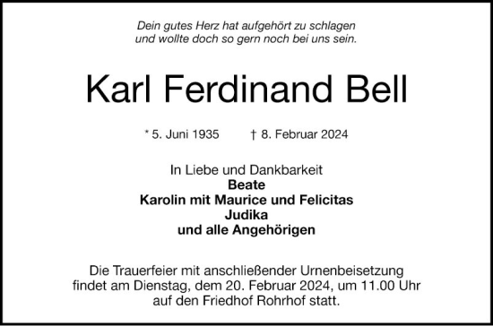 Traueranzeige von Karl Ferdinand Bell von Schwetzinger Zeitung
