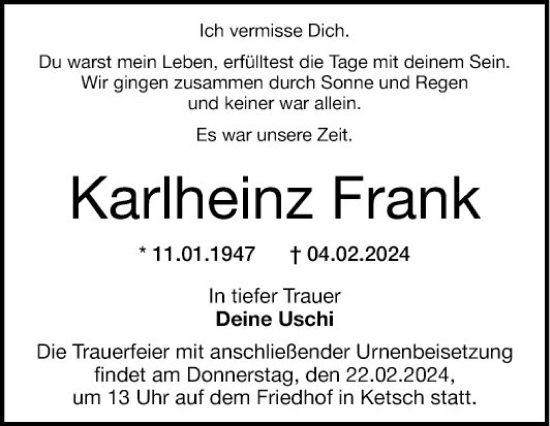 Traueranzeige von Karlheinz Frank von Schwetzinger Zeitung