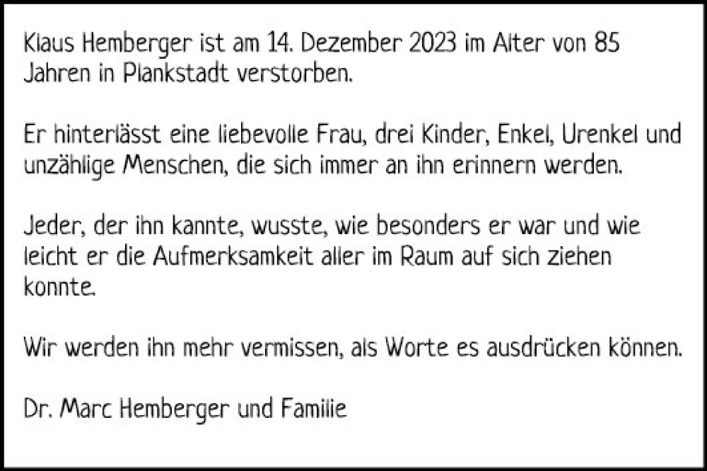  Traueranzeige für Klaus Hemberger vom 19.02.2024 aus Schwetzinger Zeitung